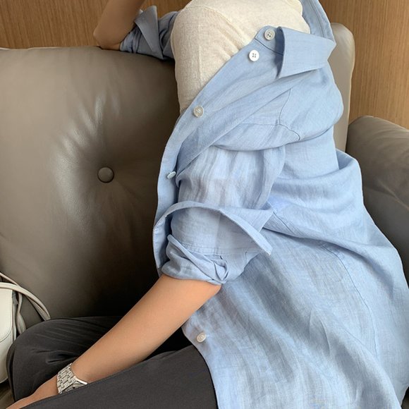 CHICJOC Women 100% Ramie Botton-down shirt size 36 in baby blue - Picture 16 of 16